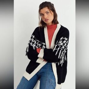 Anthropologie Tobi Houndstooth Fringed Cardigan Knit Sweater One Size